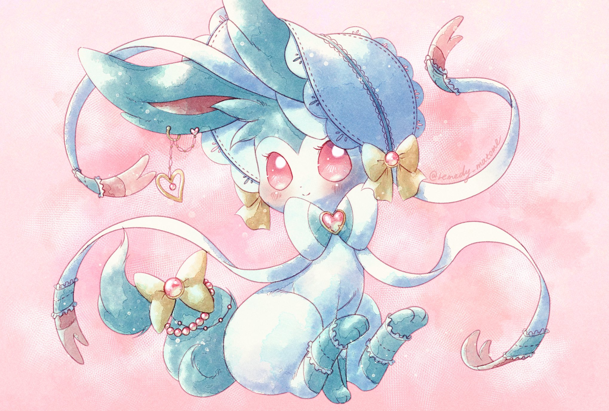 remedy matome, sylveon, nintendo, pokemon, highres, alternate color, animal focus, animal hands, ankle cuffs, blue bonnet, blush, bonnet, bow, closed mouth, clothed pokemon, earrings, full body, gem, gen 6 pokemon, heart, heart earrings, jewelry, looking at viewer, no humans, pink background, pink eyes, pink gemstone, pokemon (creature), pokemon focus, ribbon, shiny pokemon, simple background, smile, solo, two-tone fur, white fur, yellow bow