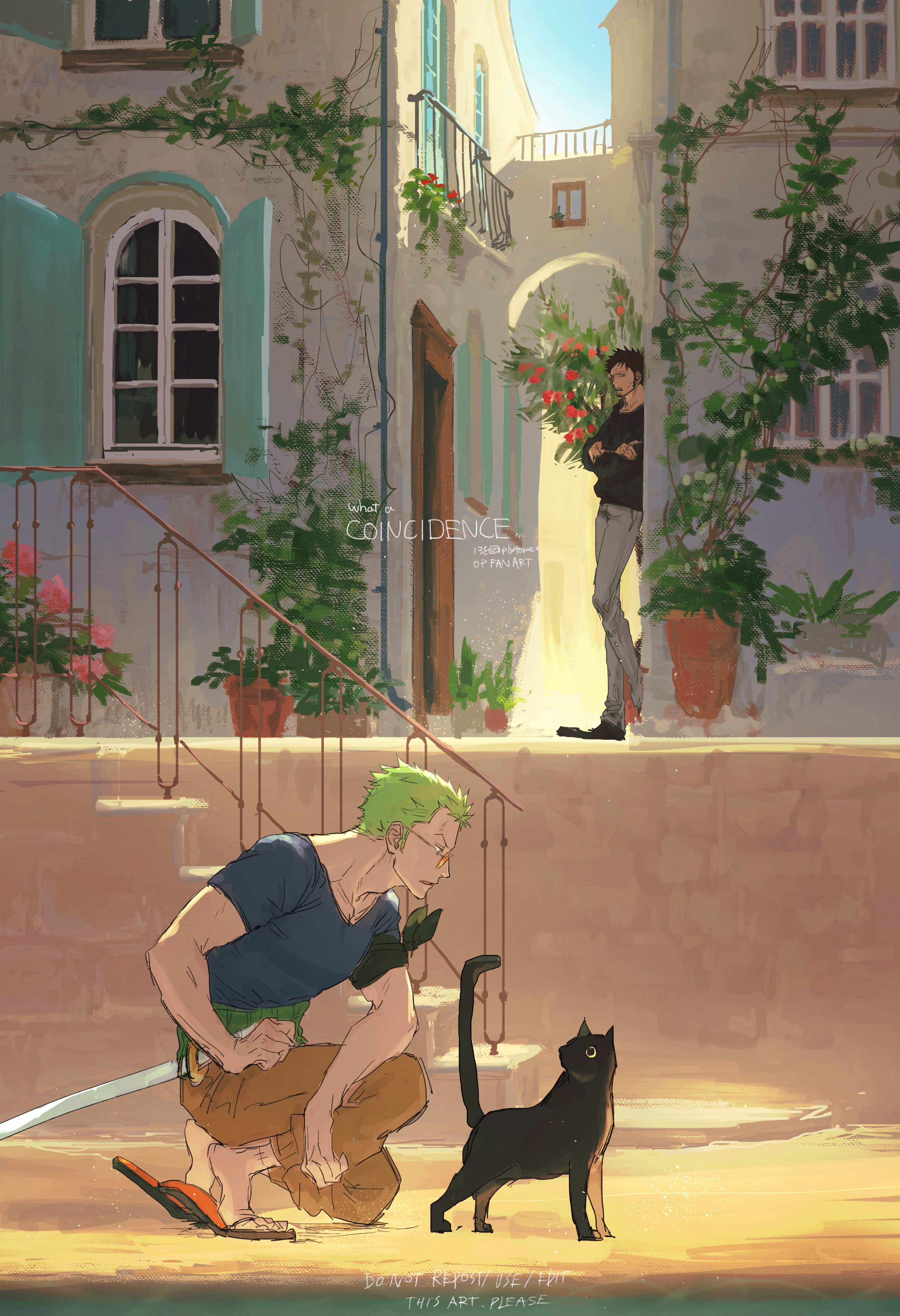 plytometo, roronoa zoro, trafalgar law, one piece, absurdres, highres, 2boys, against wall, animal, black cat, black hair, brown pants, canvas texture, cat, collarbone, crossed arms, english text, glasses, green hair, grey pants, long sideburns, looking at animal, male focus, multiple boys, open mouth, outdoors, pants, parted lips, plant, potted plant, sideburns, squatting, stairs, summer, window, window shutter