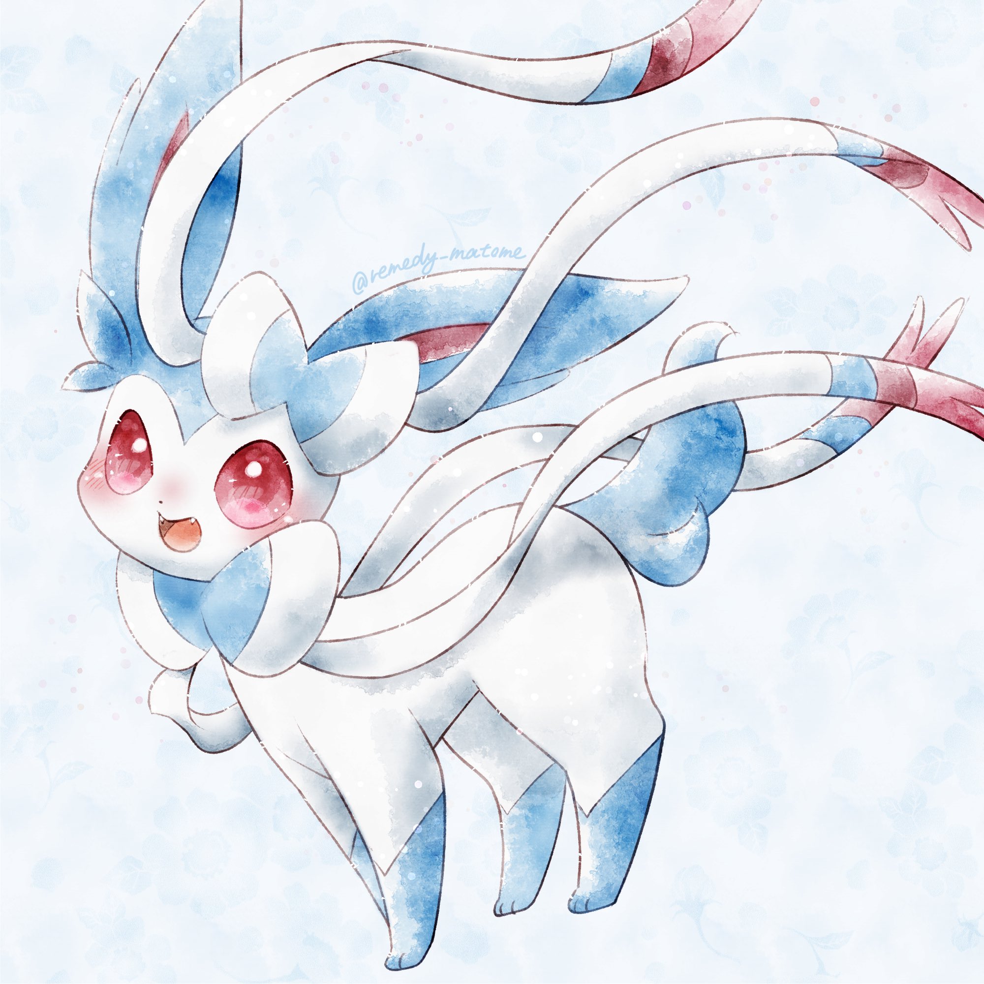 remedy matome, sylveon, nintendo, pokemon, highres, :d, alternate color, animal focus, animal hands, blue background, blue eyes, blue fur, blush, bow, fang, full body, gen 6 pokemon, looking at viewer, no humans, open mouth, pink eyes, pokemon (creature), pokemon focus, ribbon, shiny pokemon, simple background, smile, solo, standing, two-tone fur, white fur