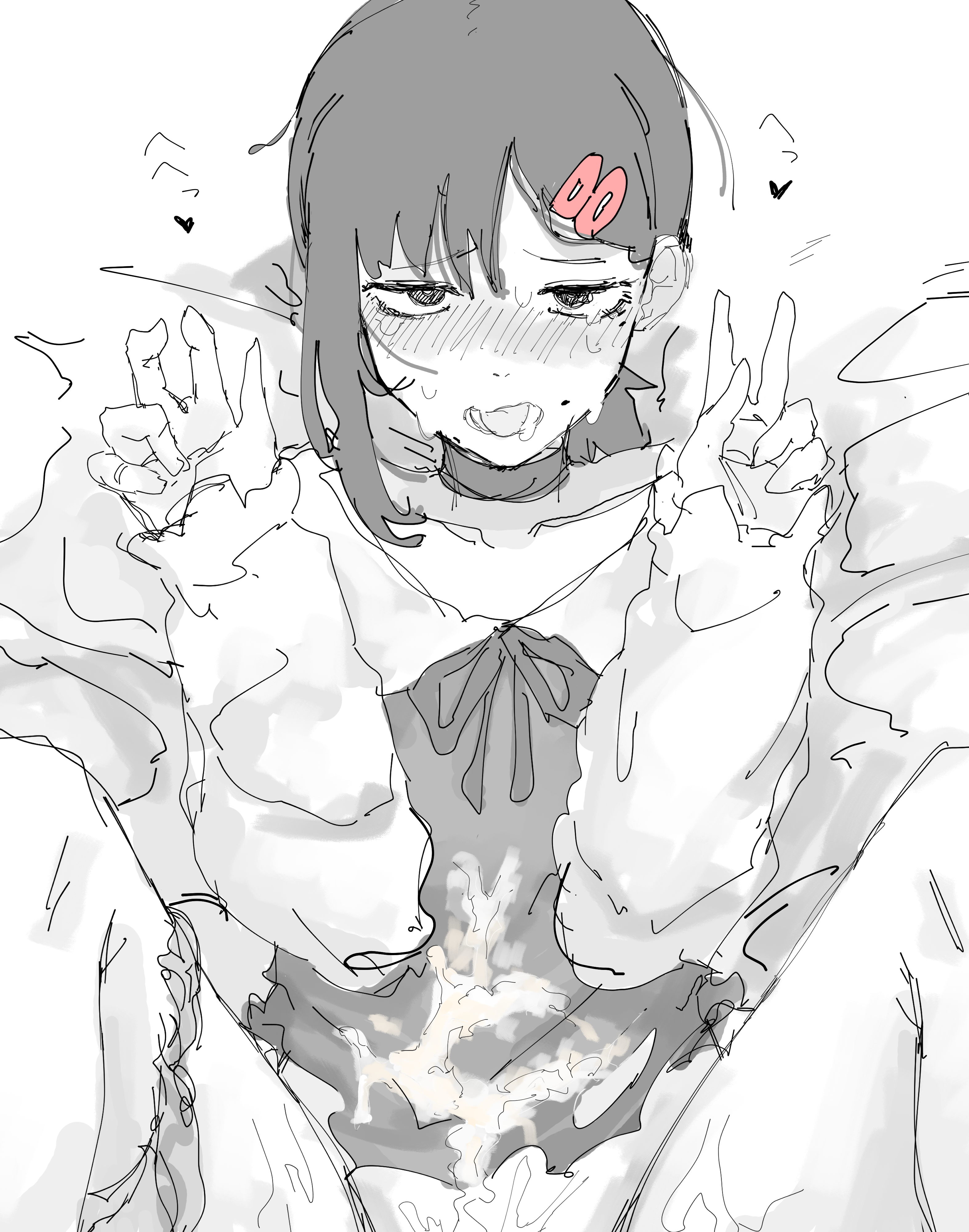 mocamocaink, higashiyama kobeni, chainsaw man, absurdres, highres, 1girl, after ejaculation, aftersex, blush, choker, cum, cum on clothes, dress, greyscale, heart, looking at viewer, lying, mole, mole on cheek, mole under eye, monochrome, multiple moles, on back, open mouth, ponytail, ribbon, short ponytail, single sidelock, solo, spot color, spread legs, sweat, v