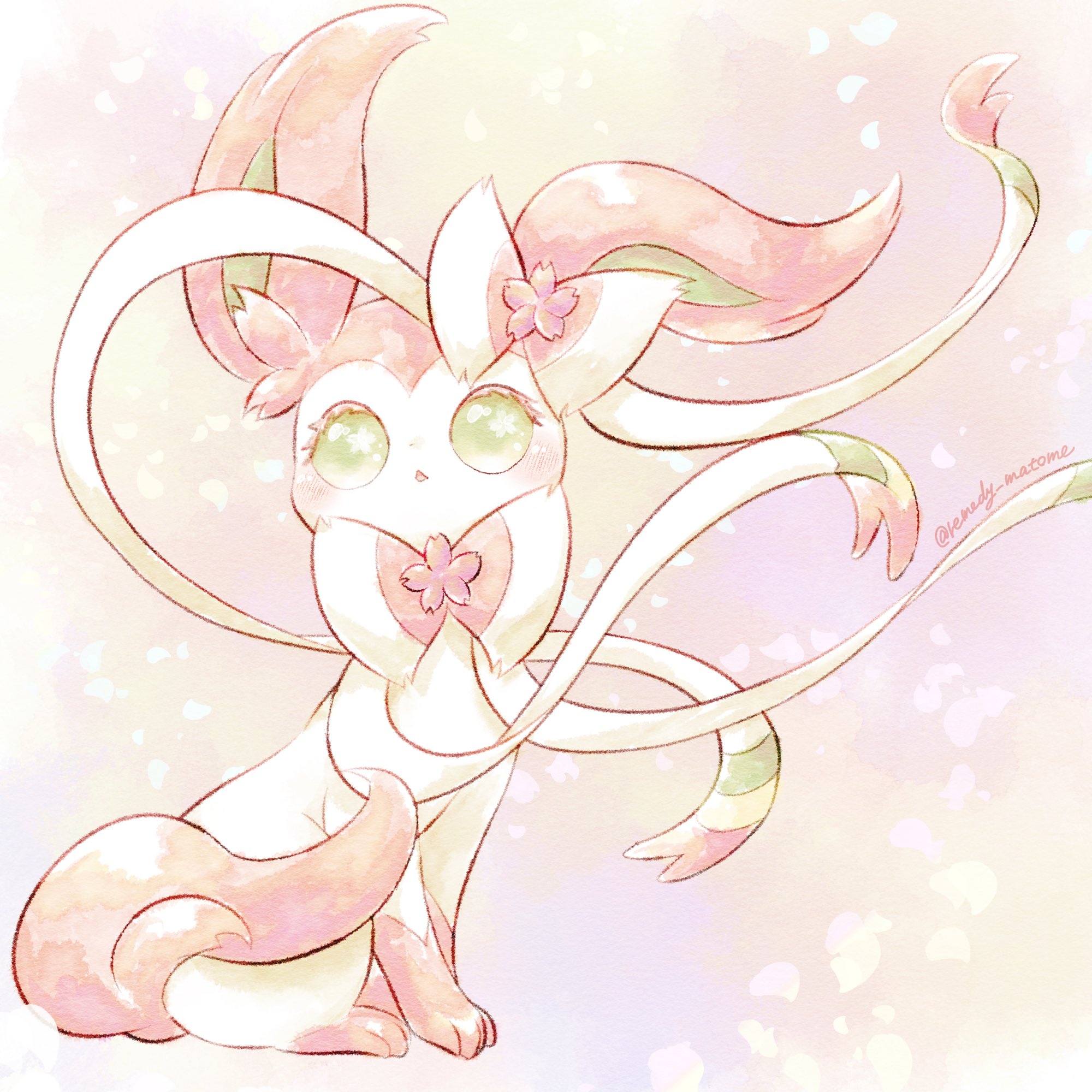 remedy matome, sylveon, nintendo, pokemon, highres, alternate color, alternate shiny pokemon, animal focus, animal hands, blush, bow, flower, full body, gen 6 pokemon, green eyes, looking at viewer, no humans, open mouth, pink background, pink flower, pink fur, pokemon (creature), pokemon focus, ribbon, simple background, sitting, solo, two-tone fur, white fur