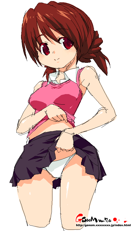 onija tarou, brown hair, clothes lift, oekaki, panties, red eyes, skirt, skirt lift, solo, underwear, vest, white panties