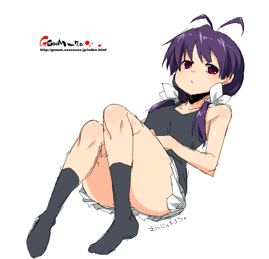 onija tarou, ahoge, hair tie, lying, oekaki, pink eyes, purple hair, socks, solo, twintails