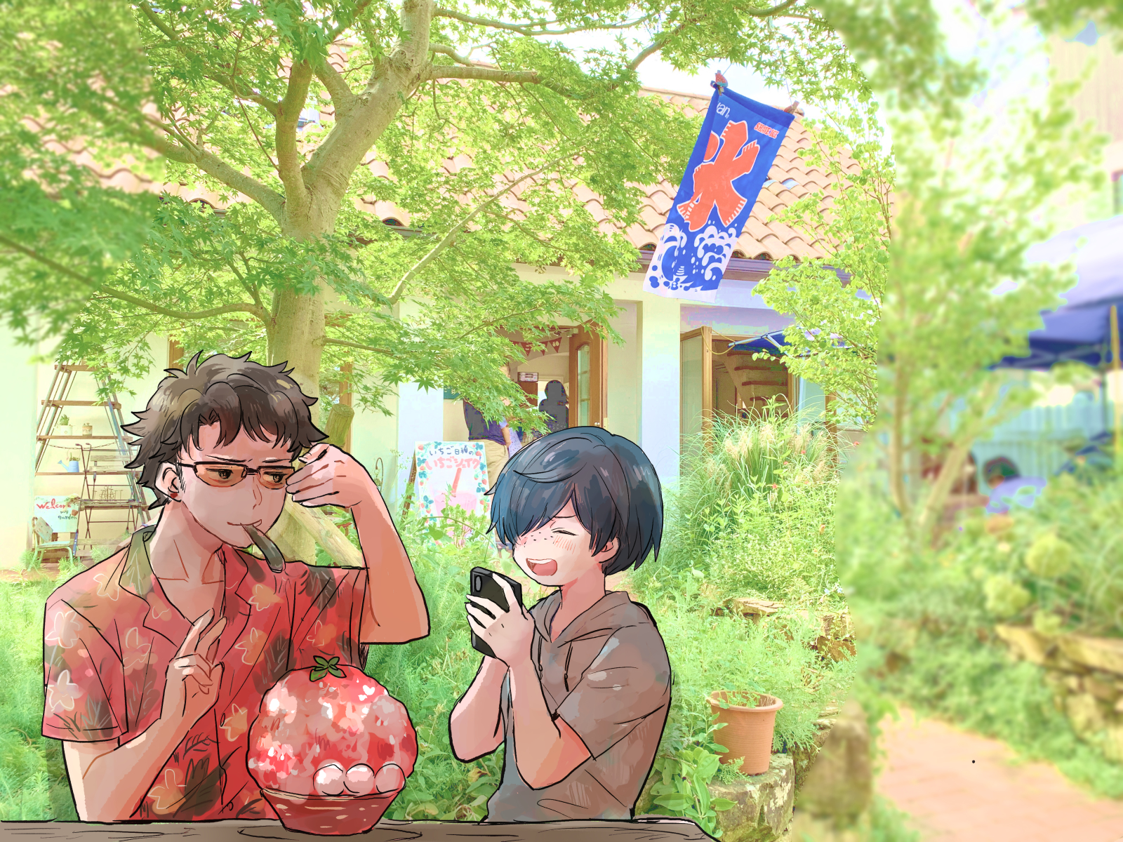 irohauta, kuji chikai, kuji toi, sarazanmai, commentary request, highres, translation request, 2boys, black hair, brothers, closed eyes, day, drawstring, food, freckles, glasses, grey shirt, hair over one eye, happy, hawaiian shirt, holding, holding phone, hooded shirt, ladder, male focus, multiple boys, open mouth, orange-tinted eyewear, outdoors, phone, photo background, plant, potted plant, shaved ice, shirt, short hair, short sleeves, siblings, sideburns, tinted eyewear, tree