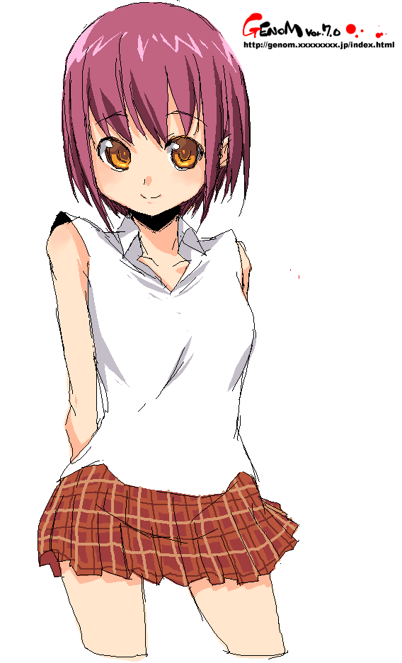 onija tarou, blouse, oekaki, pink hair, plaid clothes, plaid skirt, purple hair, shirt, short hair, simple background, skirt, sleeveless, sleeveless shirt, solo, watermark, web address, white background, white shirt, yellow eyes