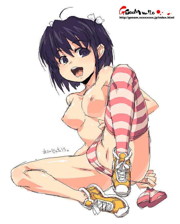 onija tarou, 1girl, ahoge, black eyes, black hair, breasts, female focus, hair tie, large breasts, nipples, oekaki, panties, shoes, short hair, sneakers, solo, spread legs, striped clothes, striped panties, striped thighhighs, thighhighs, topless female, underwear, undressing