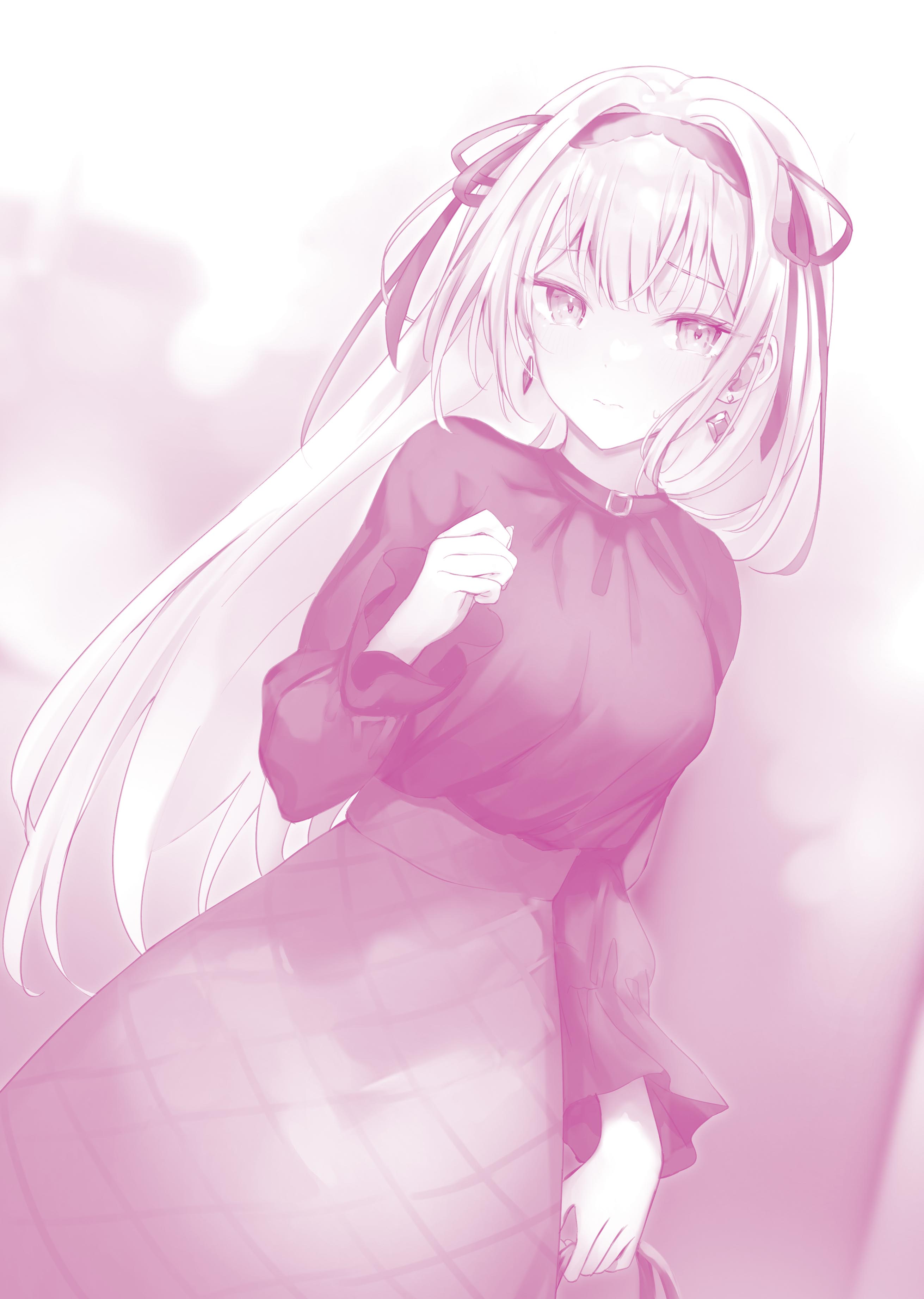 haishiki, absurdres, commentary request, highres, novel illustration, official art, 1girl, bag, blouse, chris esse eisbert, closed mouth, danshi kinsei game sekai de ore ga yarubeki yuiitsu no koto yuri no ma ni hasamaru otoko to shite tensei shite shimaimashita, diamond-shaped earrings, diamond (shape), earrings, hairband, handbag, holding, holding bag, jewelry, long hair, long skirt, monochrome, ribbon, shirt, shy, skirt, solo, very long hair