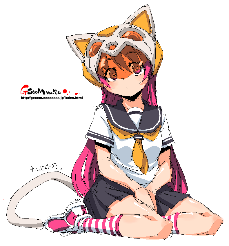 onija tarou, visor, animal ears, cat ears, cat tail, helmet, long hair, oekaki, pink eyes, pink hair, school uniform, serafuku, shoes, skirt, sneakers, socks, solo, striped clothes, striped socks, tail