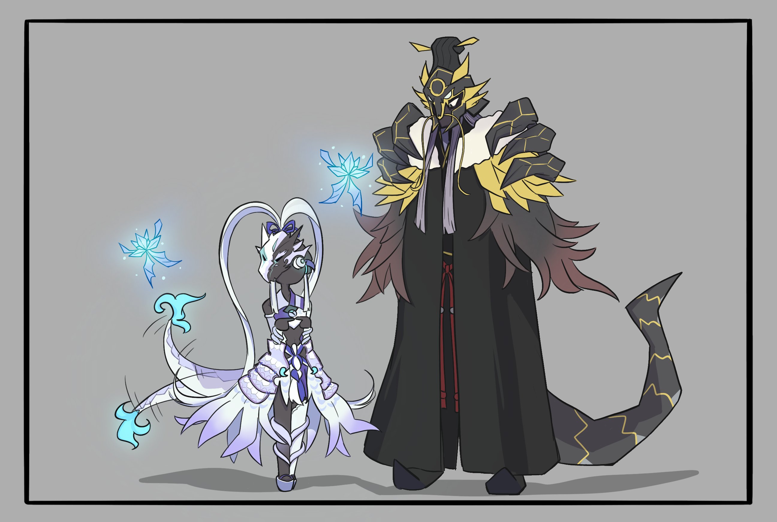 swordsoul (yu-gi-oh!), swordsoul of mo ye, swordsoul strategist longyuan, yu-gi-oh!, 1boy, 1girl, beard, bodysuit, bug, butterfly, dragon, dragon girl, dragon tail, duel monster, fenrir bluue, grey background, height difference, insect, long beard, long hair, looking at another, mask, mask on head, mask over one eye, sidelocks, tail, tail wagging, teacher and student, twintails, white hair