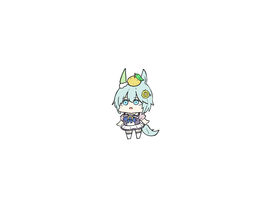 kawamochi (kawauti919), seiun sky (umamusume), umamusume, 1girl, animal ears, blue bow, blue eyes, bow, chibi, flower, food, food on head, full body, grey hair, hair between eyes, hair flower, hair ornament, hairclip, horse ears, horse girl, horse tail, no shoes, object on head, open mouth, pleated skirt, puffy short sleeves, puffy sleeves, purple shirt, school uniform, shirt, short sleeves, simple background, skirt, solo, standing, tail, thighhighs, tracen school uniform, white background, white skirt, white thighhighs, yellow flower