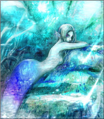 original, commentary request, lowres, 1girl, blue theme, colored skin, cowboy shot, fins, grey hair, grey skin, head fins, long hair, mermaid, monster girl, pp (mokeran28), purple eyes, solo
