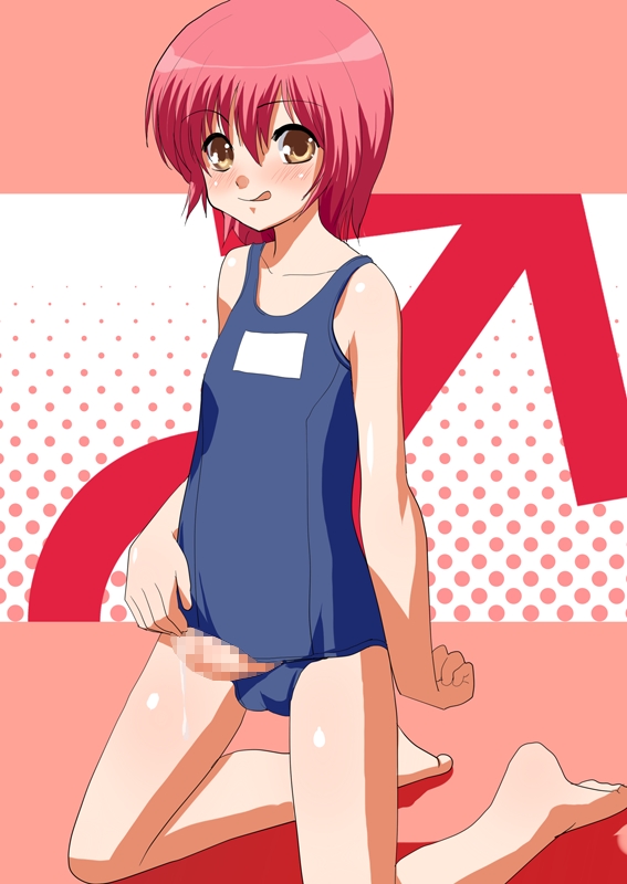 sakuno, bad id, bad pixiv id, 1boy, androgynous, censored, crossdressing, crossdressing (mtf), male focus, mosaic censoring, one-piece swimsuit, penis, red hair, school swimsuit, school swimsuit flap, short hair, shota, solo, swimsuit, trap