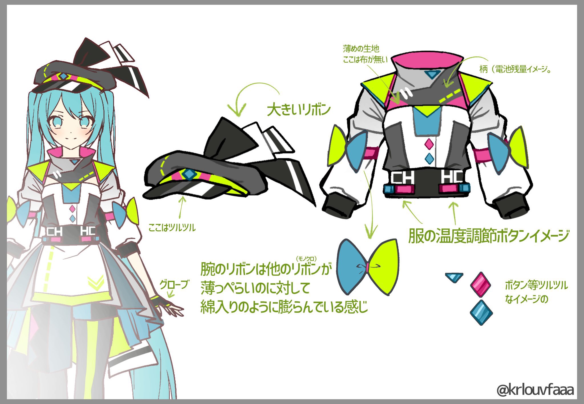 krlouvf, hatsune miku, project sekai, vocaloid, commentary request, concept art, contest winner, highres, official art, translation request, 1girl, black gloves, blue bow, bow, fingerless gloves, gloves, green bow, green gloves, grey hat, hat, long hair, reference sheet, solo, twintails, twitter username, two-tone gloves, very long hair, white background