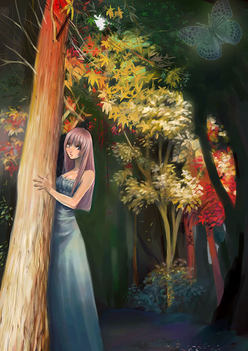 original, commentary request, 1girl, cowboy shot, dress, forest, grey butterfly, grey dress, leaf, long hair, looking at viewer, maple leaf, nature, outdoors, pink hair, pp (mokeran28), solo, strapless, strapless dress, tree