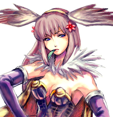 alchemist (ragnarok online), ragnarok online, commentary request, lowres, 1girl, blue eyes, breasts, brown cape, cape, cleavage, detached sleeves, dress, feathered wings, flower, fur collar, grey dress, grey hair, grey wings, hair flower, hair ornament, head wings, long hair, looking at viewer, medium breasts, pp (mokeran28), purple sleeves, red flower, simple background, solo, strapless, strapless dress, upper body, white background, wings