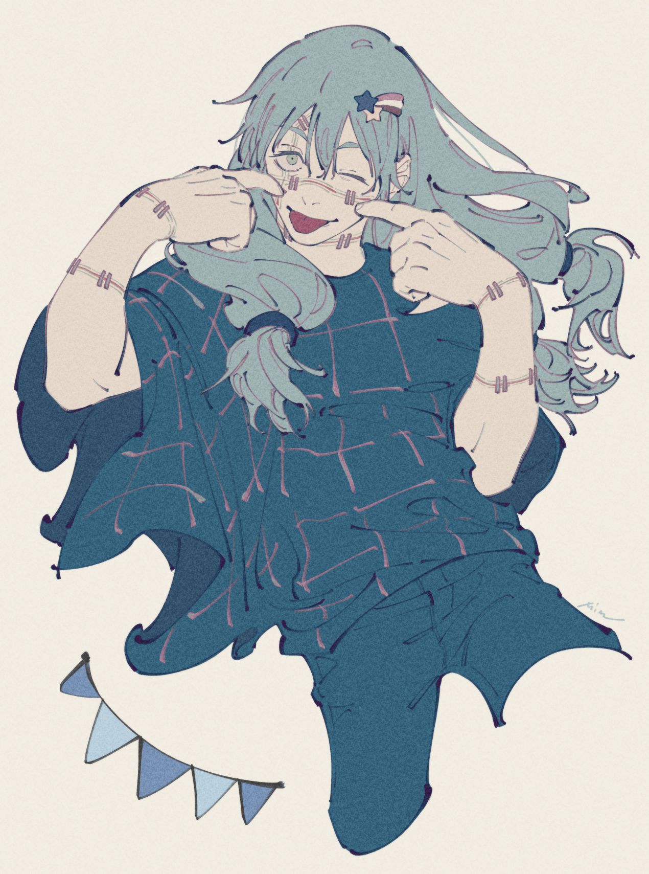 mim (mimya0600), mahito (jujutsu kaisen), jujutsu kaisen, commentary, highres, 1boy, :p, arms up, black pants, black shirt, cropped legs, cursed spirit (jujutsu kaisen), double-parted bangs, floating hair, grey background, grey eyes, grey hair, hair between eyes, hair ornament, long hair, looking at viewer, male focus, one eye closed, pants, sanpaku, shirt, simple background, solo, stitched arm, stitched face, stitched neck, stitched wrist, stitches, string of flags, tongue, tongue out