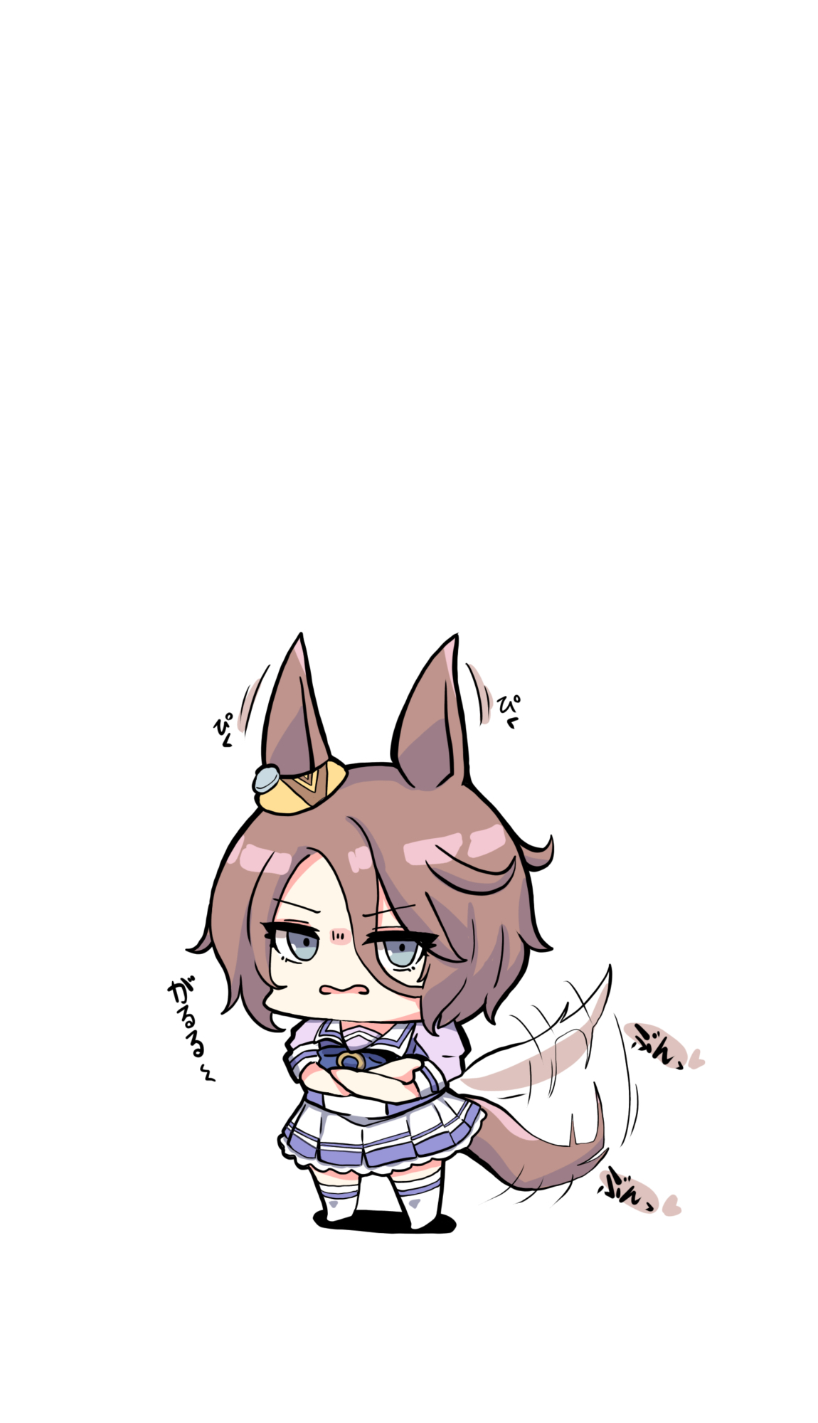 kawamochi (kawauti919), narita taishin (umamusume), umamusume, highres, translation request, 1girl, afterimage, animal ears, blue bow, bow, chibi, crossed arms, ear wiggle, full body, grey eyes, hair between eyes, horse ears, horse girl, horse tail, looking at viewer, parted lips, pleated skirt, purple shirt, school uniform, shadow, shirt, simple background, skirt, solo, standing, tail, tail wagging, tracen school uniform, v-shaped eyebrows, wavy mouth, white background, white skirt