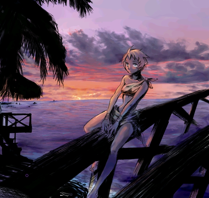 original, commentary request, 1girl, bodysuit, breasts, closed mouth, cloud, expressionless, full body, grey bodysuit, grey eyes, horizon, ocean, outdoors, palm tree, pink hair, pp (mokeran28), purple sky, short bangs, short hair, sky, small breasts, solo, sunset, tree