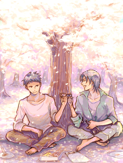 original, commentary request, 2boys, barefoot, bento, black eyes, brown pants, cherry blossoms, choko (cup), closed eyes, closed mouth, cup, forest, full body, green shirt, grey hair, grey pants, male focus, multiple boys, nature, open mouth, outdoors, pants, pp (mokeran28), shirt, short hair, sitting, smile, tree, white shirt