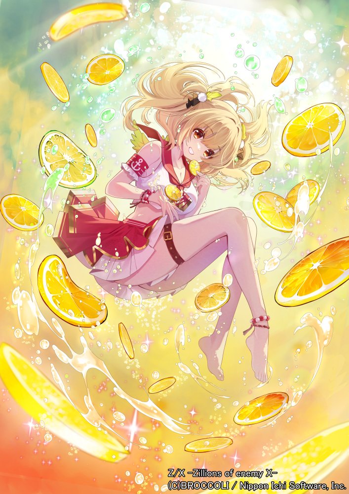 tsurugi hikaru, z/x, official art, 1girl, arm strap, barefoot, blonde hair, bracelet, breasts, brown eyes, cana (z/x), cleavage, clenched teeth, copyright notice, feathered wings, floating hair, food, fruit, green wings, hair floating upwards, hair ornament, holding lemon, jewelry, large breasts, lemon, lemon slice, looking at viewer, mini wings, pom pom (clothes), pom pom hair ornament, red sailor collar, red skirt, sailor collar, shirt, skirt, smile, solo, sparkle, splashing, teeth, thigh strap, two side up, white shirt, wings