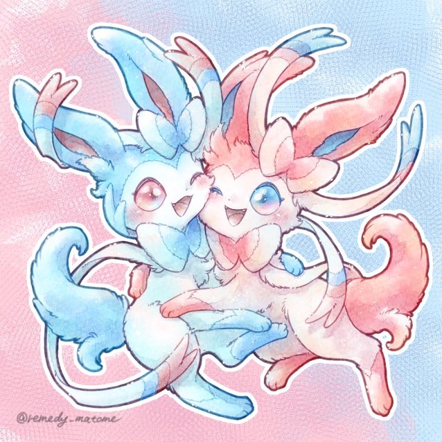 remedy matome, sylveon, nintendo, pokemon, :d, alternate color, animal focus, animal hands, blue background, blue eyes, blue fur, blush, bow, full body, gen 6 pokemon, looking at viewer, no humans, one eye closed, open mouth, pink background, pink eyes, pink fur, pokemon (creature), pokemon focus, ribbon, shiny and normal, shiny pokemon, simple background, smile, standing, two-tone fur, white fur