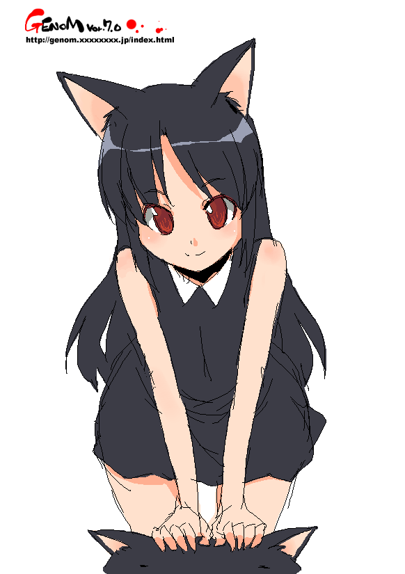 onija tarou, animal ears, brown eyes, cat, cat ears, dress, long hair, oekaki, red eyes, short dress, solo