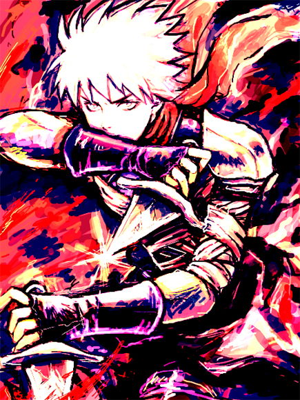 assassin (ragnarok online), ragnarok online, commentary request, 1boy, armor, bandages, bandages over clothes, fingerless gloves, gloves, looking at viewer, male focus, pauldrons, pp (mokeran28), purple gloves, red background, short hair, shoulder armor, solo, spiked hair, upper body, v-shaped eyebrows, white eyes, white hair