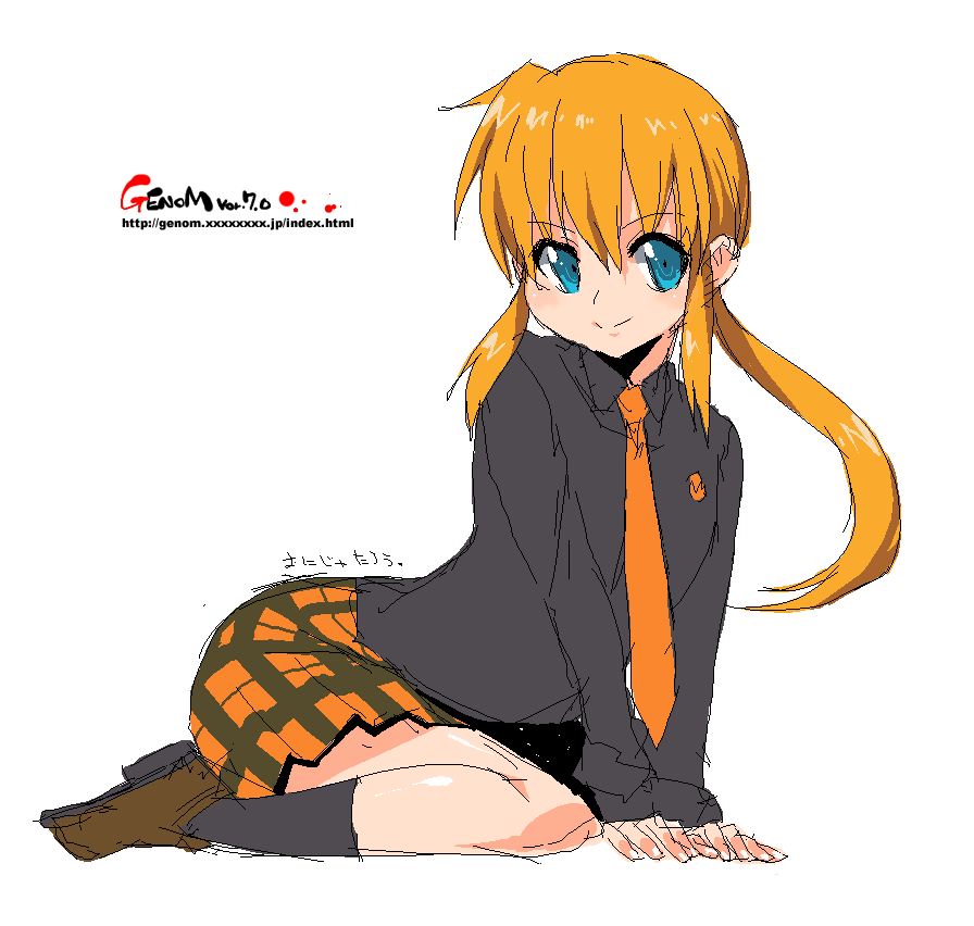 onija tarou, kageyama torako, hyakko, plaid, 00s, 1girl, blue eyes, female focus, full body, necktie, oekaki, orange hair, ponytail, shirt, simple background, skirt, socks, solo