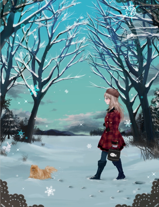 original, commentary request, 1girl, bag, bare tree, black bag, black boots, black pantyhose, blue sky, boots, brown hair, brown hat, closed mouth, coat, dog, full body, hat, holding, holding bag, long hair, outdoors, pantyhose, plaid clothes, plaid coat, pomeranian (dog), pp (mokeran28), rabbit, red coat, sky, smile, snow, snowing, solo, tree, walking