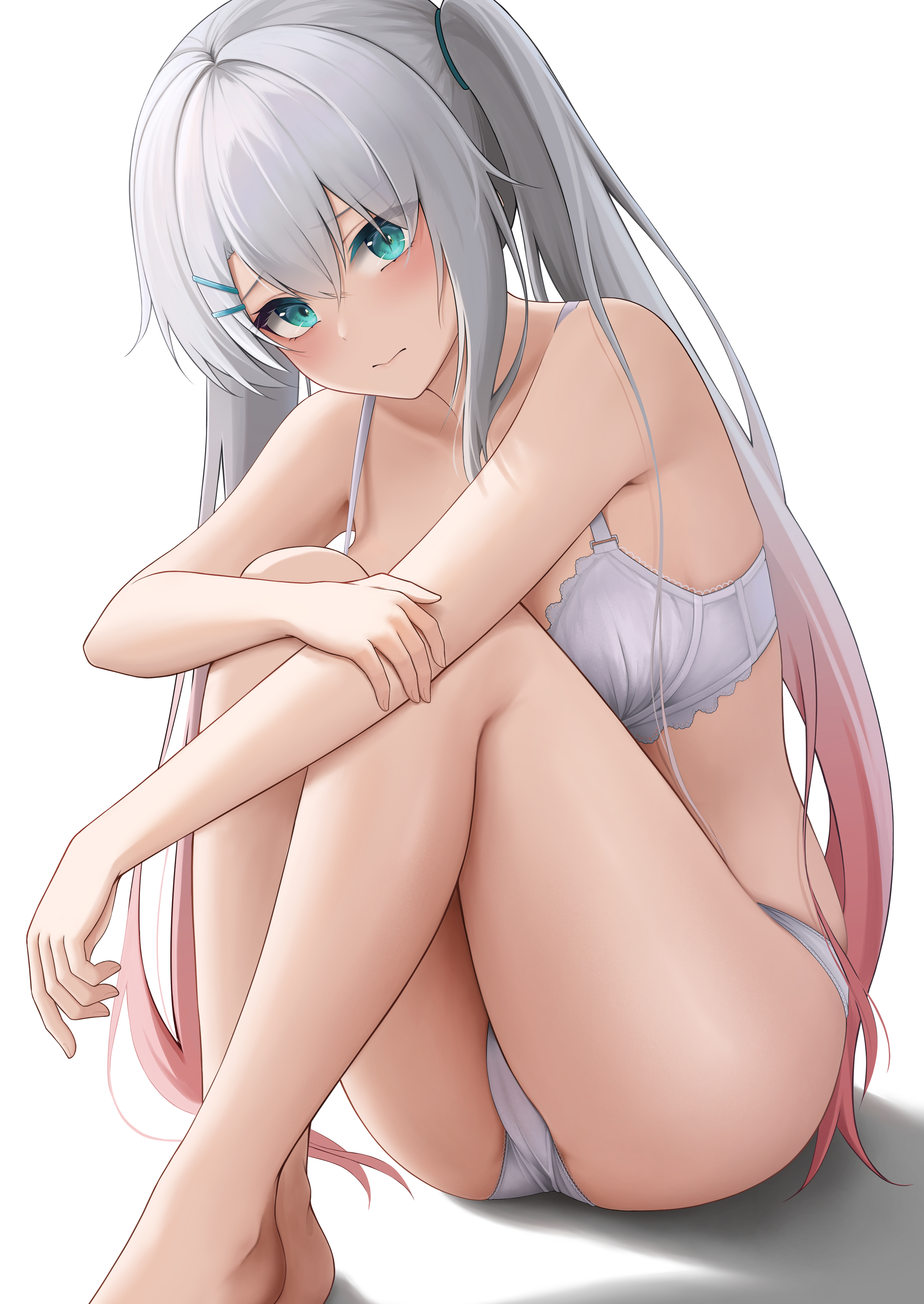codename696, lwmmg (girls' frontline), girls' frontline, absurdres, commentary request, highres, revision, 1girl, aqua eyes, blush, bra, breasts, closed mouth, gradient hair, hair ornament, hairclip, hugging own legs, looking at viewer, multicolored hair, panties, pink hair, simple background, sitting, solo, two-tone hair, underwear, underwear only, white background, white bra, white panties
