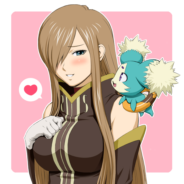ichikawa masahiro, mieu (tales), tear grants, tales of (series), tales of the abyss, 00s, 1girl, :3, :d, black dress, blue eyes, blush, breasts, brown hair, creature, detached sleeves, dress, female focus, floating, gloves, hair over one eye, hand on breast, hand on own chest, heart, long hair, looking at viewer, medium breasts, open mouth, outline, pink background, purple eyes, simple background, sleeveless, sleeveless dress, smile, solo, speech bubble, spoken heart, upper body, very long hair, white gloves, white outline