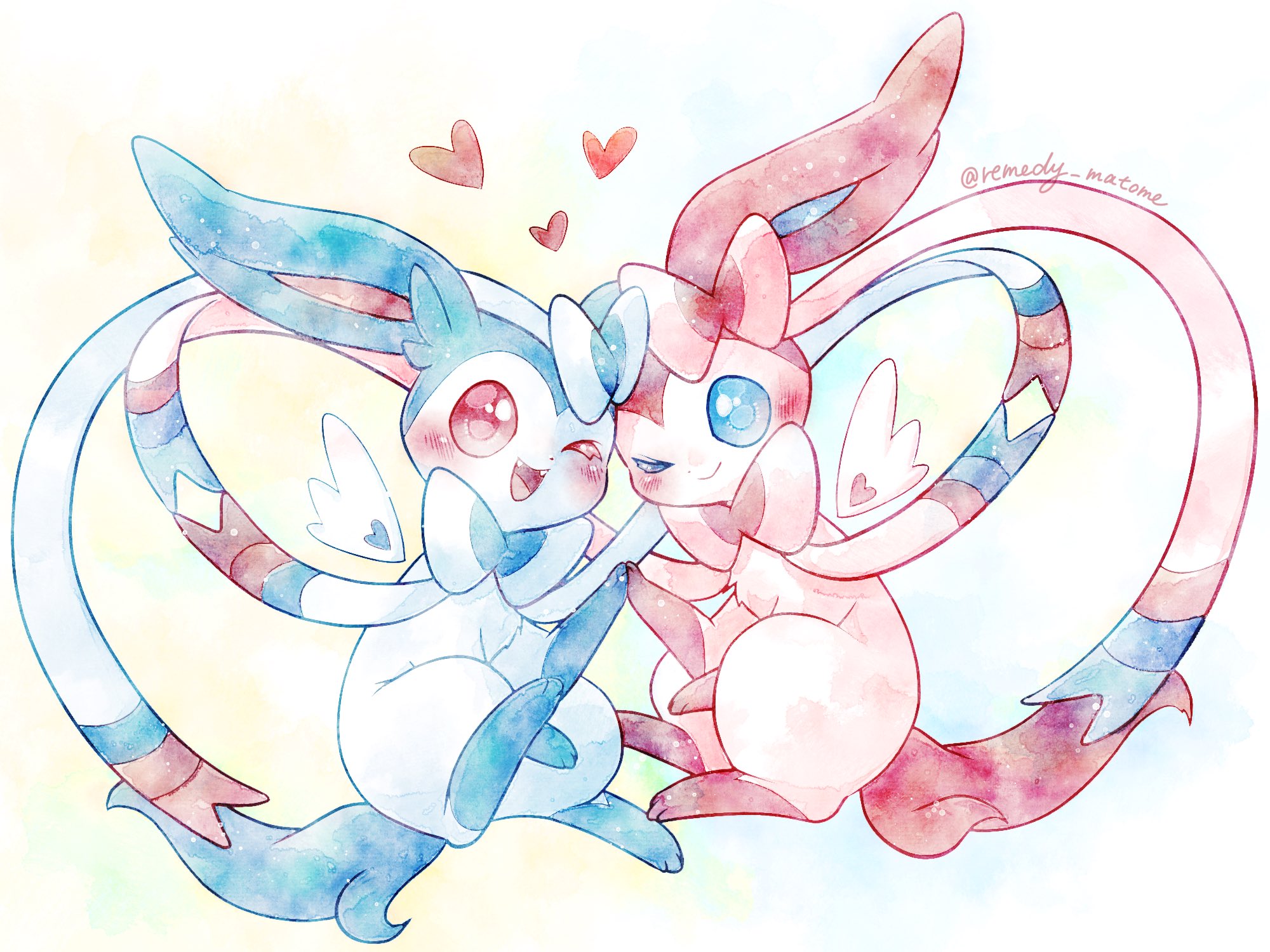 remedy matome, sylveon, nintendo, pokemon, highres, :d, alternate color, animal focus, animal hands, blue eyes, blue fur, blush, bow, fangs, full body, gen 6 pokemon, heart, looking at viewer, no humans, one eye closed, open mouth, pink eyes, pink fur, pokemon (creature), pokemon focus, ribbon, shiny and normal, shiny pokemon, simple background, smile, standing, two-tone fur, white fur, wings, yellow background