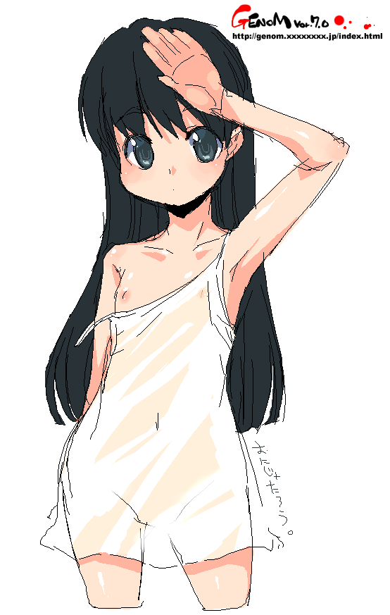 onija tarou, hand on forehead, copyright request, 1girl, arm up, armpits, black eyes, black hair, covered navel, cropped legs, dress, expressionless, female focus, flat chest, grey eyes, jaggy lines, loli, long hair, looking at viewer, nipples, oekaki, see-through clothes, simple background, solo, strap slip, very long hair, watermark, web address, white background, white dress