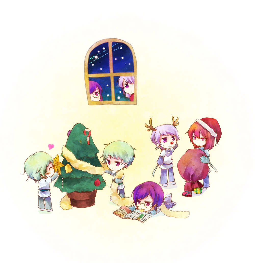 nr (cerumia), nr (cmnrr), nr (pixiv), anew returner, bring stabity, hilling care, regene regetta, revive revival, ribbons almark, tieria erde, gundam, gundam 00, light purple hair, bad id, bad pixiv id, 00s, 2girls, 5boys, :3, antlers, bag, book, chibi, christmas, christmas tree, food, gift, glasses, green hair, heart, horns, innovators (gundam 00), mouth hold, multiple boys, multiple girls, peeking, purple eyes, purple hair, red hair, santa costume, short hair, smile, window
