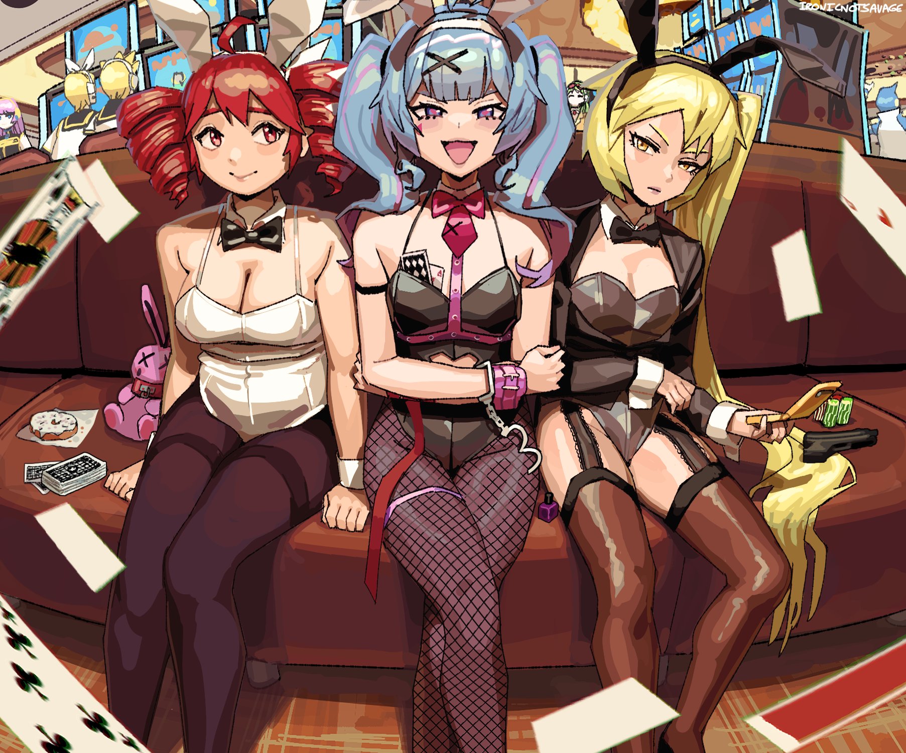 ironicnotsavage, akita neru, hatsune miku, kasane teto, vocaloid, highres, 3girls, ahoge, black bow, black bowtie, blonde hair, blue hair, bow, bowtie, breasts, card, casino, cellphone, cleavage, closed mouth, couch, cuffs, detached collar, donut, drill hair, fishnets, flip phone, food, gun, handcuffs, indoors, large breasts, long hair, long sleeves, looking at viewer, looking to the side, medium hair, multiple girls, on couch, open clothes, open mouth, pantyhose, phone, pink bow, pink bowtie, playboy bunny, playing card, plump, poker chip, purple eyes, red eyes, red hair, short hair, side ponytail, sitting, slot machine, small breasts, tank top, twin drills, weapon, white tank top, yellow eyes