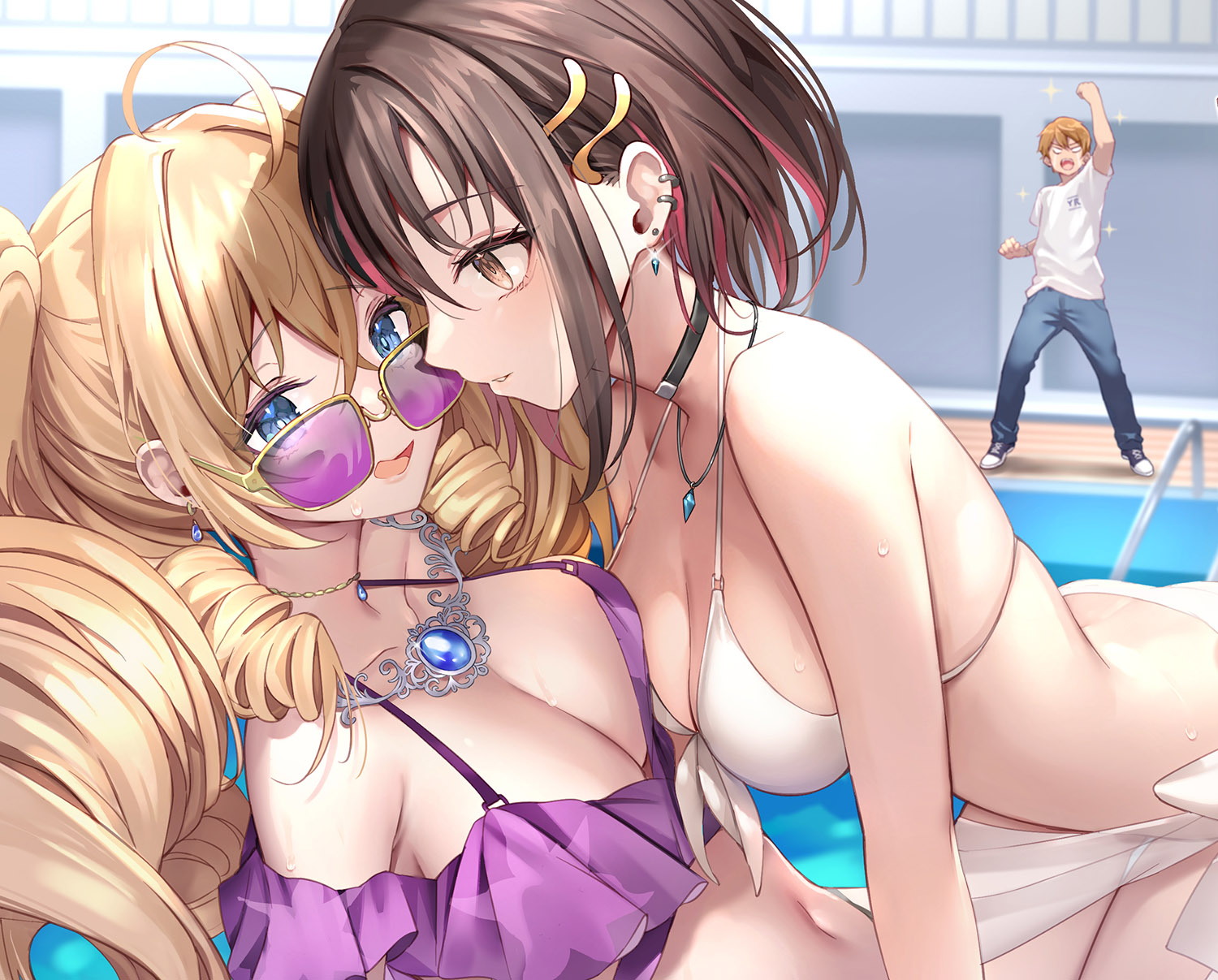 haishiki, clothing request, commentary request, highres, official art, 1boy, 2girls, asymmetrical docking, bare shoulders, bikini, black choker, blonde hair, blue eyes, blue gemstone, blush, breast press, breasts, brown eyes, brown hair, choker, cleavage, collarbone, crying, crying with eyes open, danshi kinsei game sekai de ore ga yarubeki yuiitsu no koto yuri no ma ni hasamaru otoko to shite tensei shite shimaimashita, earrings, excited, front-tie bikini top, front-tie top, gem, hair ornament, jewelry, large breasts, long hair, multicolored hair, multiple girls, navel, necklace, open mouth, ophelia von margeline, pink-tinted eyewear, pool, poolside, ringlets, sanjou hiiro, sarong, short hair, smile, streaked hair, swimsuit, tears, tinted eyewear, tsukiori sakura, very long hair, wet, white bikini, white sarong
