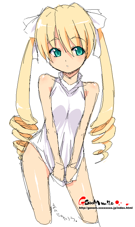 onija tarou, blonde hair, drill hair, green eyes, hair ribbon, long hair, oekaki, ribbon, solo, turtleneck, twintails