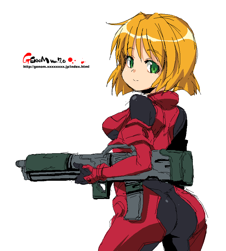 onija tarou, omokane saki, capcom, quiz nanairo dreams, 1girl, ass, assault rifle, blonde hair, bodysuit, cowboy shot, female focus, green eyes, gun, oekaki, rifle, short hair, simple background, solo, watermark, weapon, web address, white background