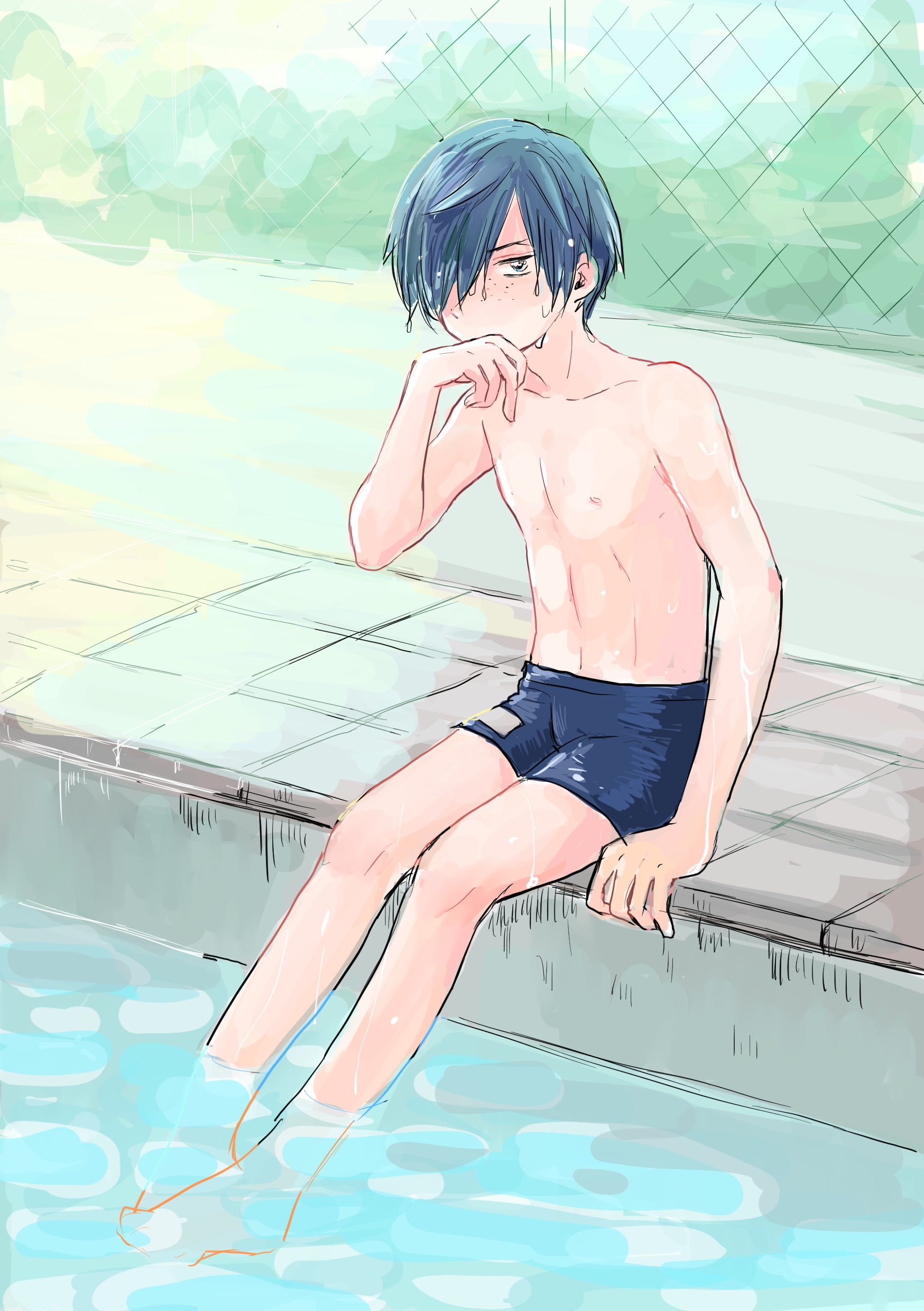 irohauta, kuji toi, sarazanmai, absurdres, commentary request, highres, 1boy, blue hair, blue male swimwear, chain-link fence, fence, freckles, hair over one eye, looking at viewer, male focus, male swimwear, pool, short hair, sitting, soaking feet, solo, swim trunks, topless male, wet, wet hair