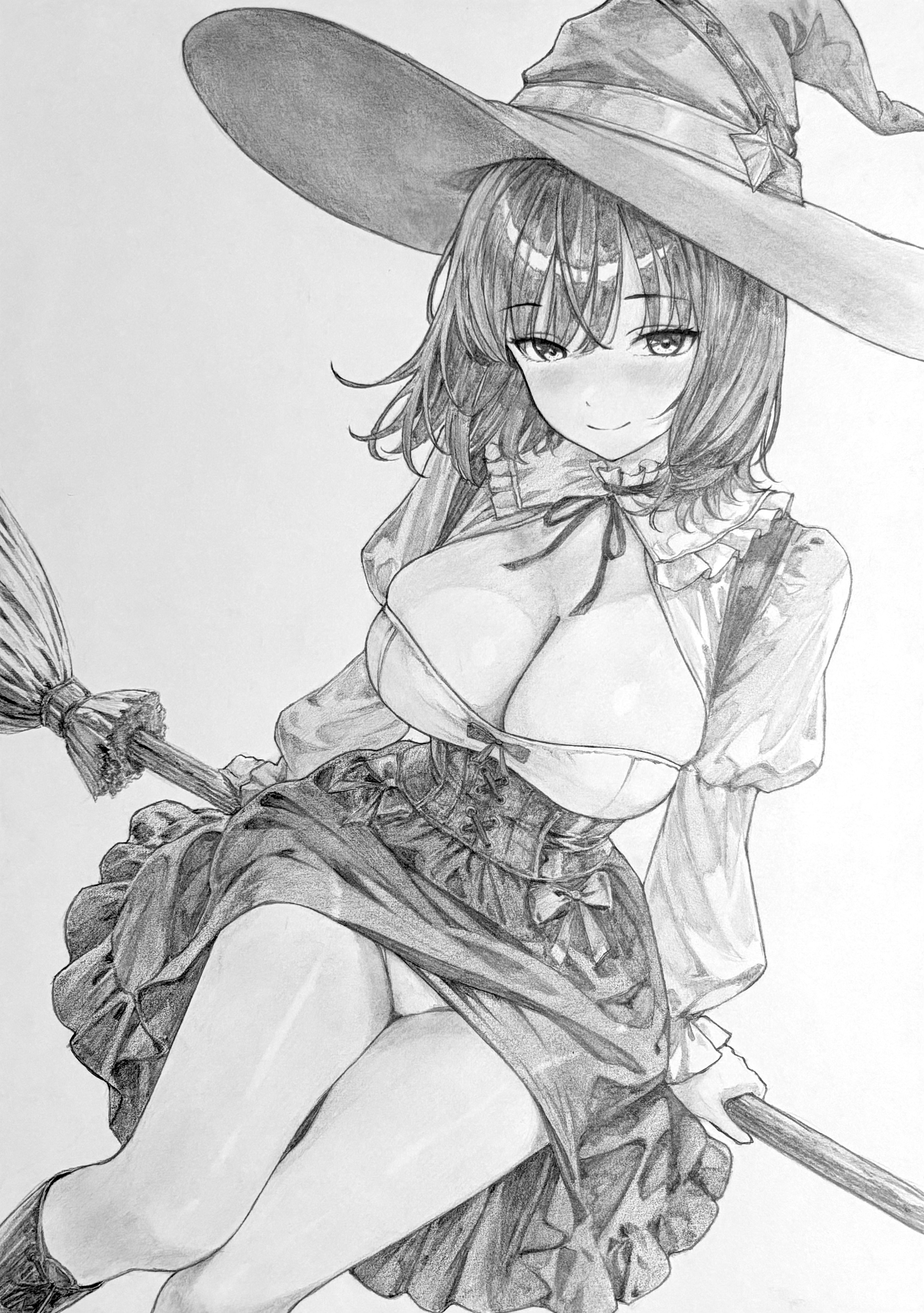 lensia, original, absurdres, commentary request, graphite (medium), highres, traditional media, 1girl, blush, breasts, broom, cleavage, closed mouth, collared shirt, feet out of frame, frilled shirt collar, frills, greyscale, hat, large breasts, long sleeves, looking at viewer, monochrome, panties, pantyshot, shirt, short hair, simple background, sitting, skirt, smile, solo, underwear, witch, witch hat