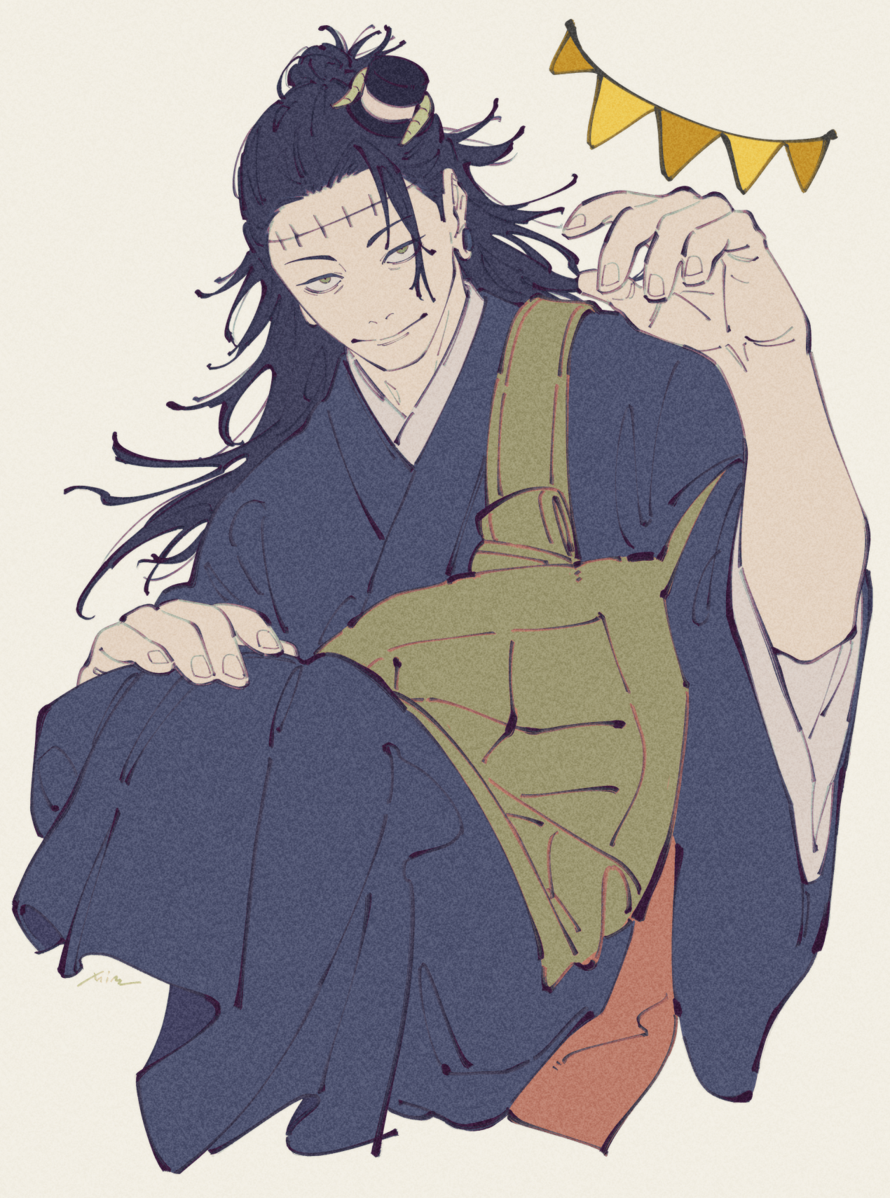 mim (mimya0600), getou suguru, getou suguru (kenjaku), jujutsu kaisen, commentary, highres, 1boy, arm up, black hat, black kimono, closed mouth, grey eyes, hair bun, hand on own knee, hat, japanese clothes, kimono, long hair, long sleeves, male focus, mini hat, mini top hat, sanpaku, simple background, single hair bun, solo, stitched forehead, stitches, string of flags, top hat, white background, wide sleeves