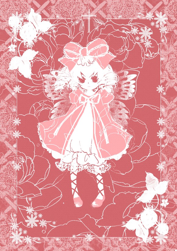 masaki3, hinaichigo, rozen maiden, commentary request, 1girl, bow, closed mouth, coat, dress, drill hair, expressionless, frilled bow, frills, full body, hair bow, leg ribbon, lolita fashion, long sleeves, looking at viewer, monochrome, neck ribbon, pink theme, quad drills, ribbon, shoes, short hair, solo, wide sleeves