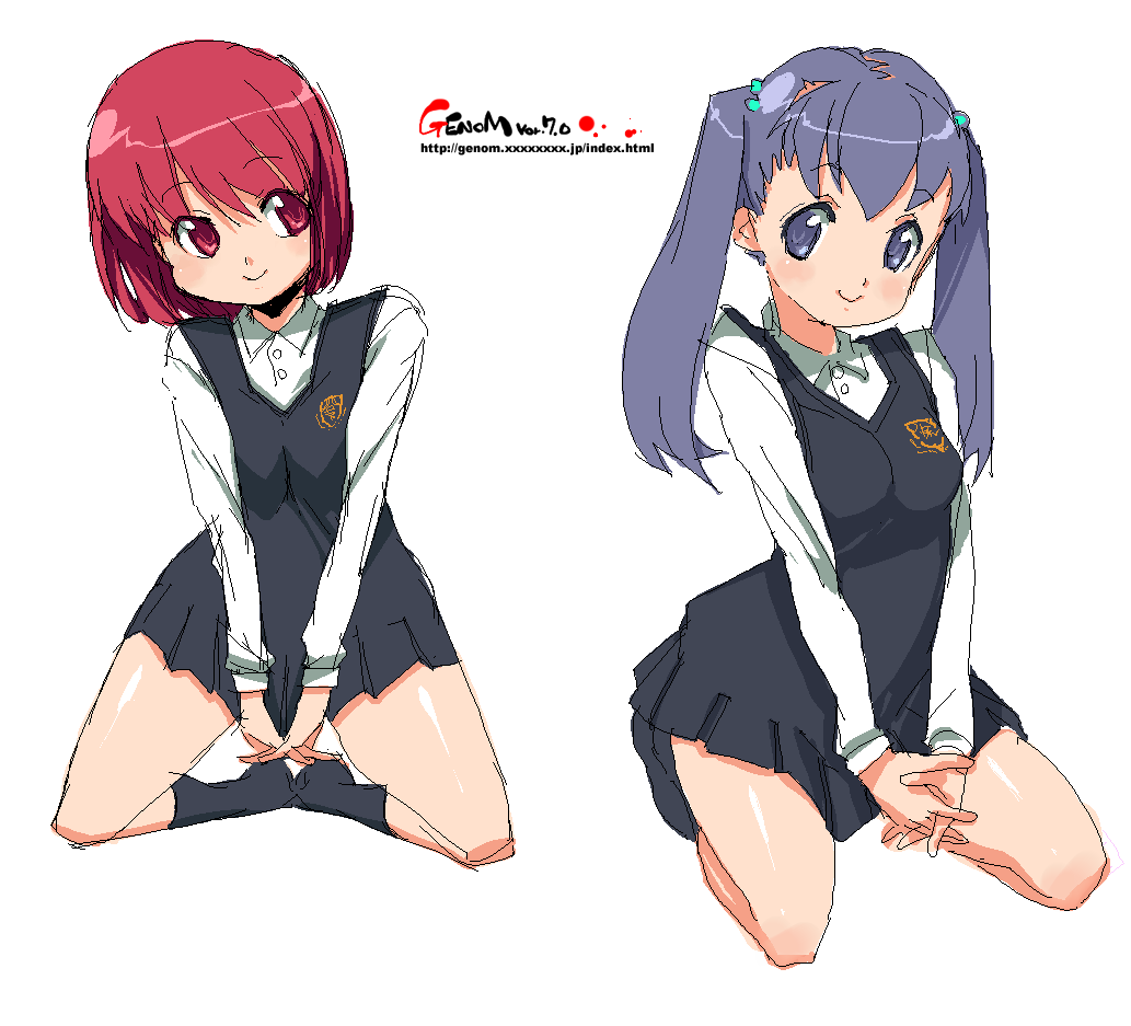 onija tarou, 2girls, dress, multiple girls, oekaki, purple eyes, purple hair, red eyes, red hair, short dress, short hair, socks, twintails