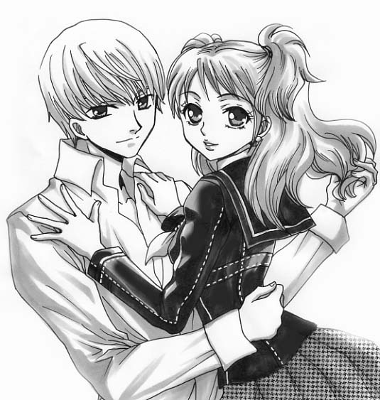 sakiran densha, kujikawa rise, narukami yu, atlus, persona, persona 4, 1boy, 1girl, collared shirt, couple, cowboy shot, dress shirt, greyscale, hetero, hug, long sleeves, looking at viewer, looking back, monochrome, plaid clothes, plaid skirt, pleated skirt, sailor collar, school uniform, serafuku, shirt, simple background, skirt, white background