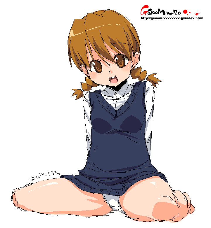onija tarou, braid, brown eyes, brown hair, no pants, oekaki, panties, pantyshot, smile, solo, sweater vest, twin braids, underwear, vest