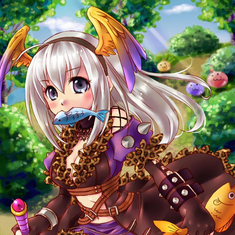masaki3, drops (ragnarok online), marin (ragnarok online), poring, shadow chaser (ragnarok online), ragnarok online, commentary request, 1girl, :3, animal, animal ears, black coat, black gloves, black hairband, blue sky, blush, breasts, brown hair, cleavage, closed mouth, cloud, coat, cross-laced clothes, cross-laced gloves, day, elbow gloves, fake animal ears, feathered wings, fingerless gloves, fish, fish in mouth, gloves, grey eyes, grey hair, hairband, holding, holding animal, holding fish, long hair, looking at viewer, medium breasts, midriff, navel, open clothes, open coat, orange wings, outdoors, purple skirt, skirt, sky, smile, solo, tree, upper body, wings