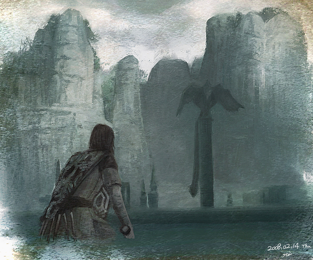 avion (shadow of the colossus), wander (shadow of the colossus), shadow of the colossus, bad id, bad pixiv id, 00s, 1boy, 2008, battle, bird, colossus, column, epic, faux traditional media, game console, giant, landscape, male focus, mountain, outdoors, pillar, playstation 2, signature, sky, solo, speed painting, surcoat, sword, water, weapon
