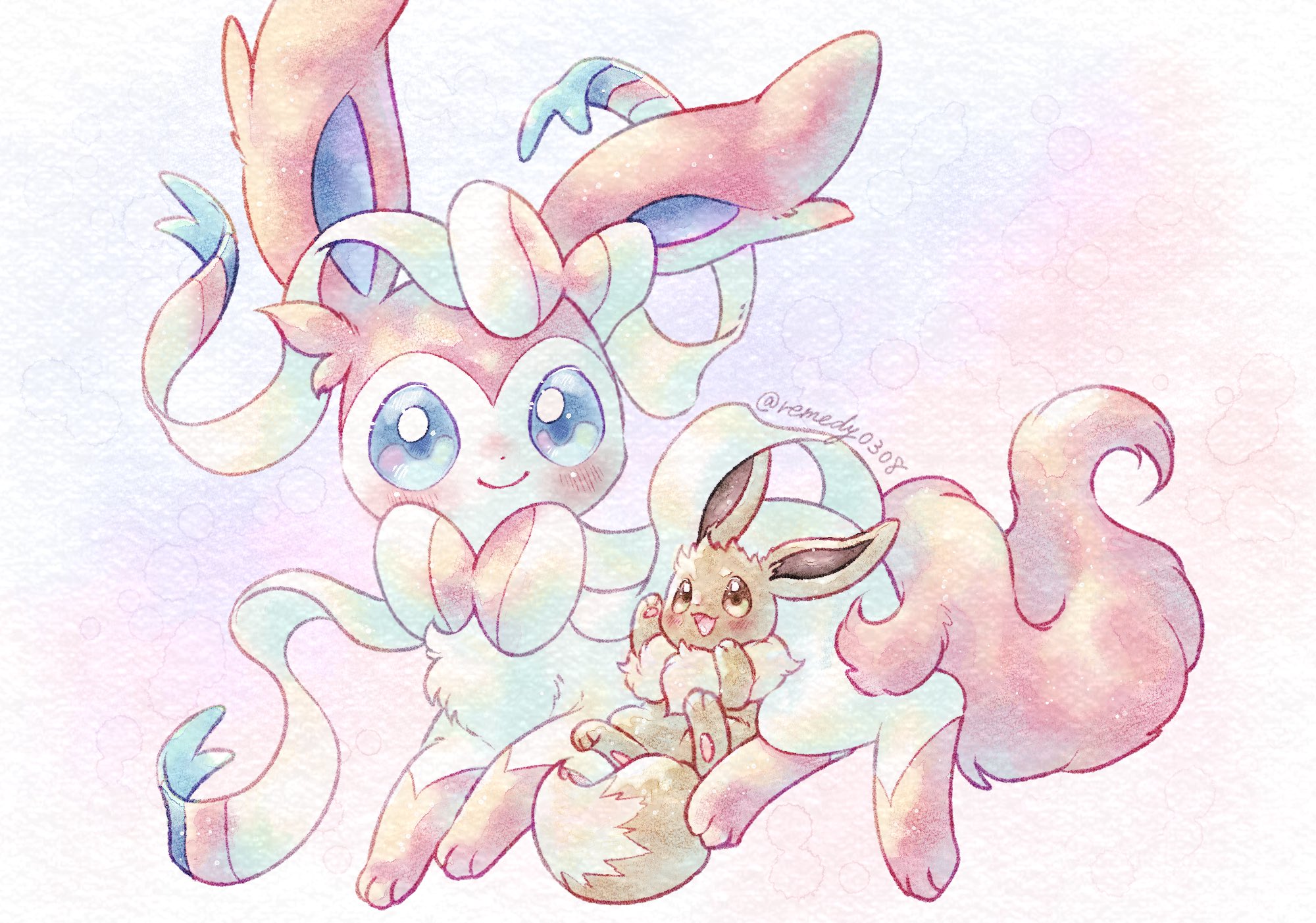 remedy matome, eevee, sylveon, nintendo, pokemon, highres, animal focus, animal hands, blue eyes, blush, bow, brown eyes, brown fur, closed mouth, fluffy, full body, gen 1 pokemon, gen 6 pokemon, looking at viewer, lying, neck fur, no humans, open mouth, pink fur, pokemon (creature), pokemon focus, purple background, ribbon, simple background, smile, two-tone fur, white fur, yellow fur