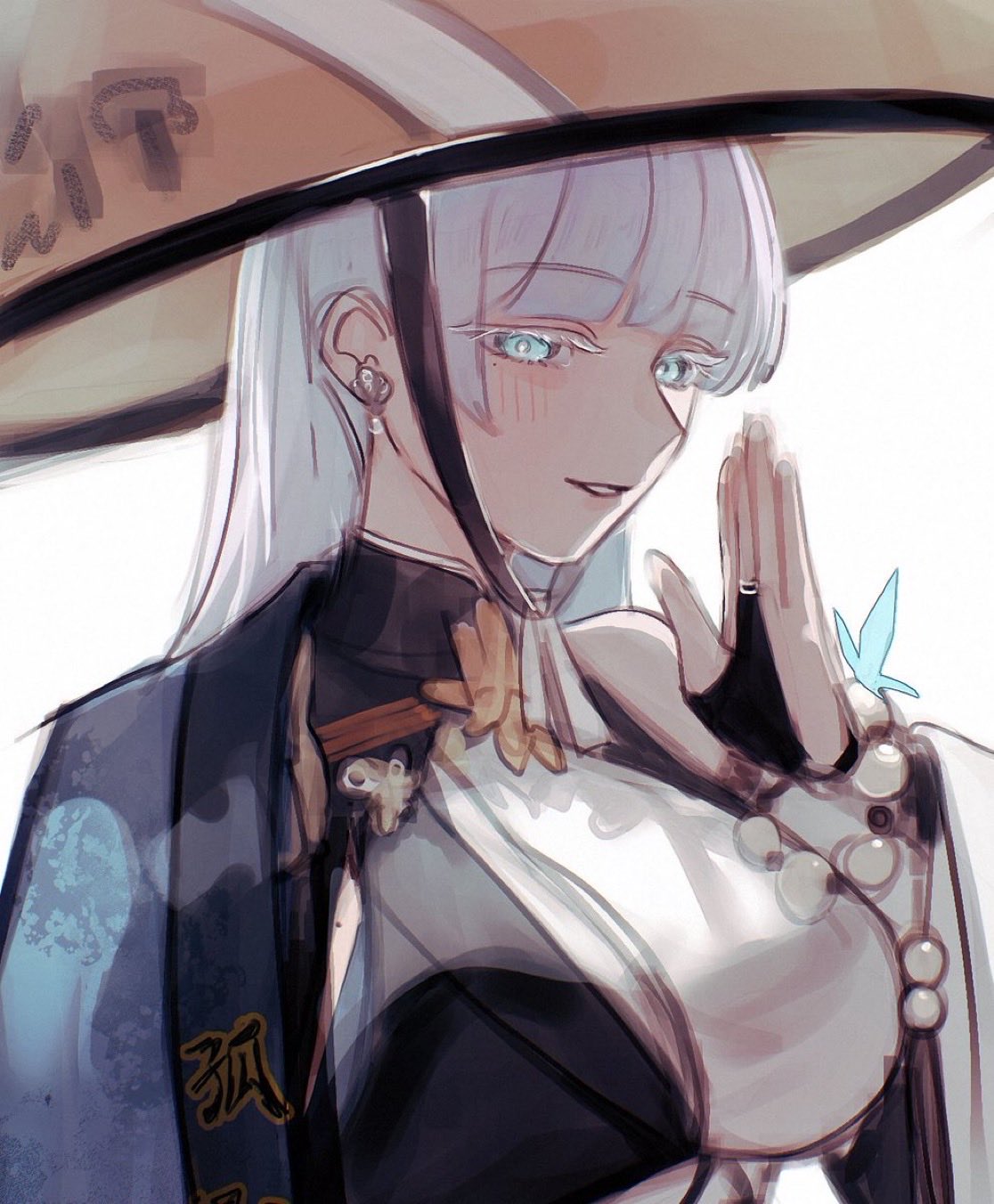 nasubin bin, nayuta (nikke), goddess of victory: nikke, highres, 1girl, beads, blue butterfly, blue eyes, breasts, bug, butterfly, colored eyelashes, hat, insect, jingasa, mole, mole on breast, monk, simple background, smile, solo, split-color clothes, thick eyelashes, unusually open eyes, upper body, white background