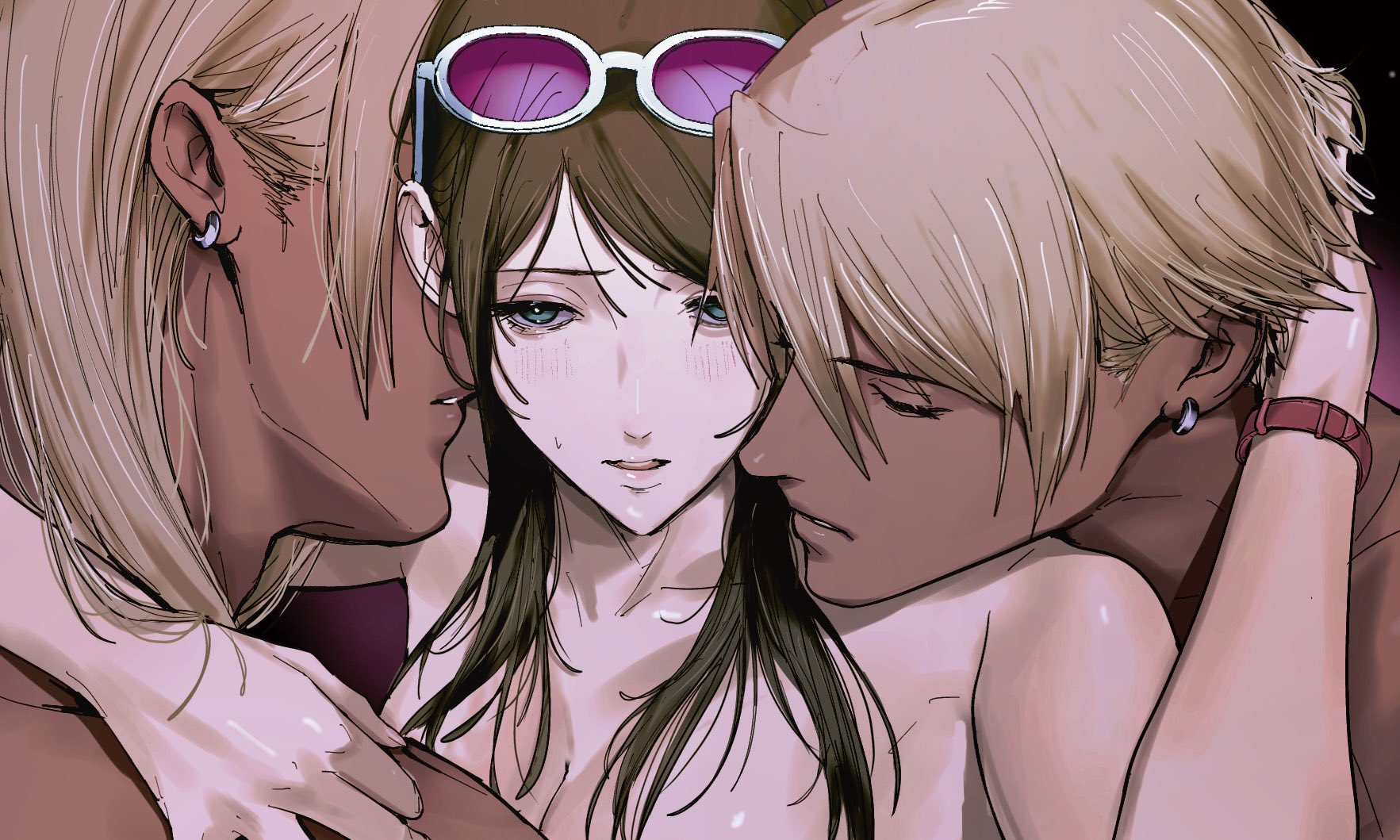 amikoiiko, ema skye, klavier gavin, ace attorney, apollo justice: ace attorney, highres, 1girl, 2boys, arm around shoulder, arms around neck, black hair, blonde hair, blue eyes, blush, boy sandwich, breasts, brown hair, cleavage, closed eyes, collarbone, completely nude, dark-skinned male, dark skin, earrings, eyewear on head, group sex, hair between eyes, hetero, hug, implied sex, interracial, jewelry, long hair, looking at viewer, mmf threesome, multiple boys, nude, parted lips, pink-tinted eyewear, purple-tinted eyewear, sandwiched, short hair, sunglasses, surrounded, sweat, sweatdrop, swept bangs, threesome, tinted eyewear, upper body, watch, white-framed eyewear, wristwatch